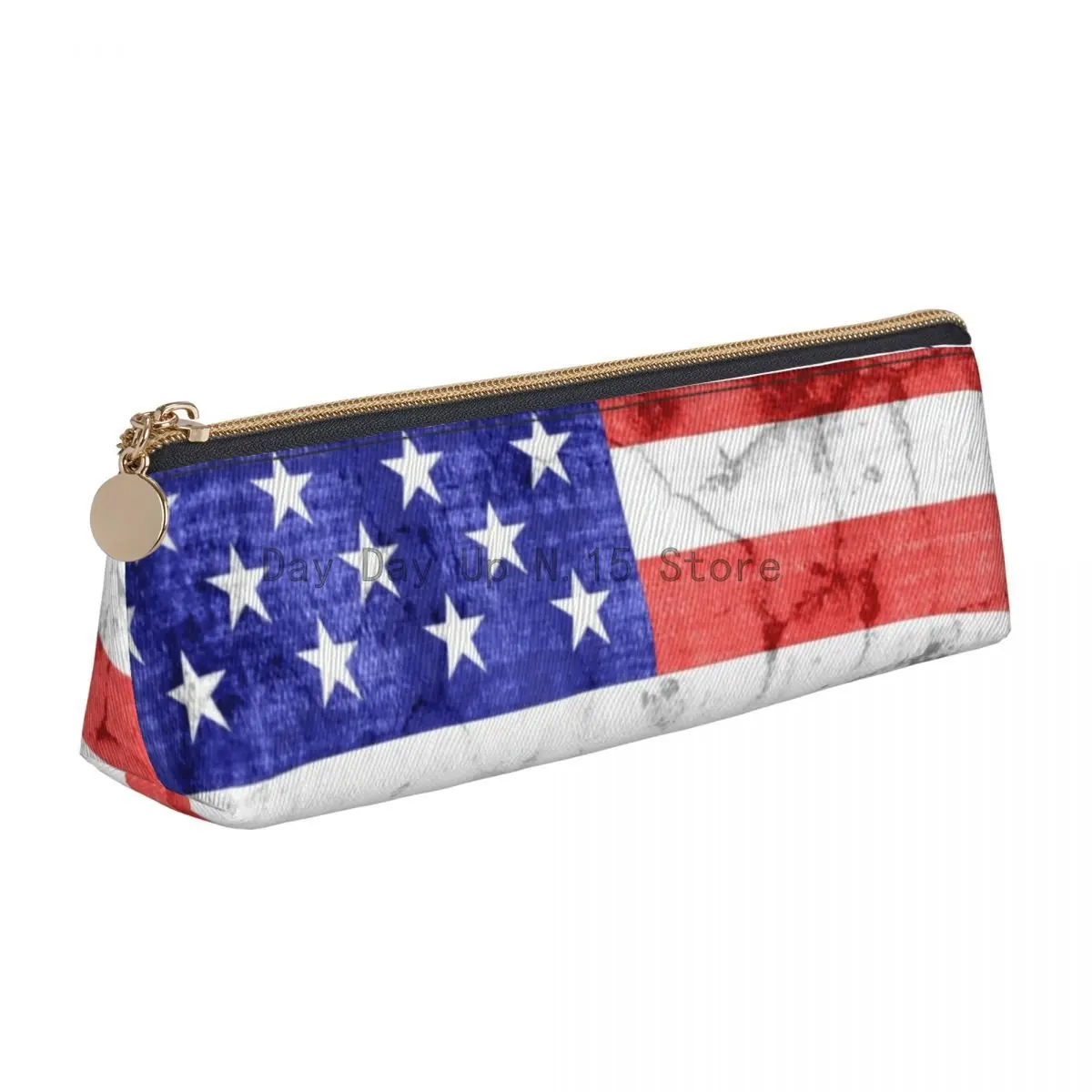 

Vintage USA Flag Triangle Pencil Case American Blue Stars Print Simple Zipper Pencil Box Boy Girl Stationery Leather Pen Bags