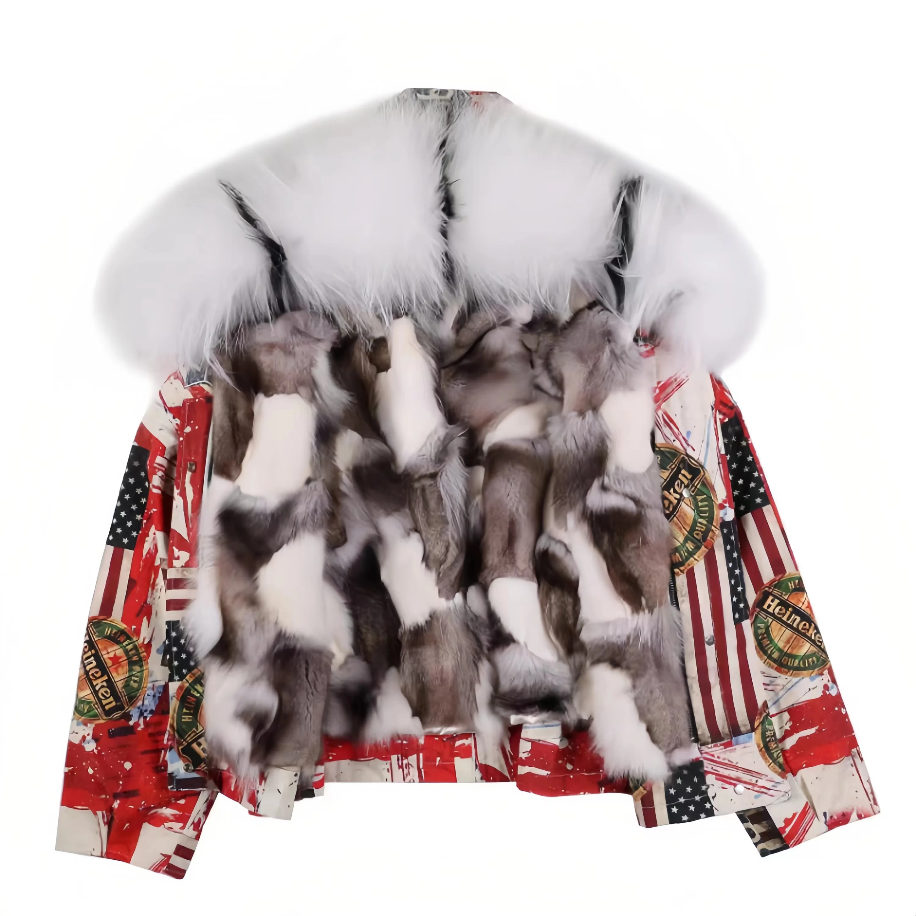 Women\'s Lining Fur Rabbit Coat with Fox Fur Colla, Jeans Jacket, Print Cowboy Parkas, Female Clothing, Winter, New, High Quality