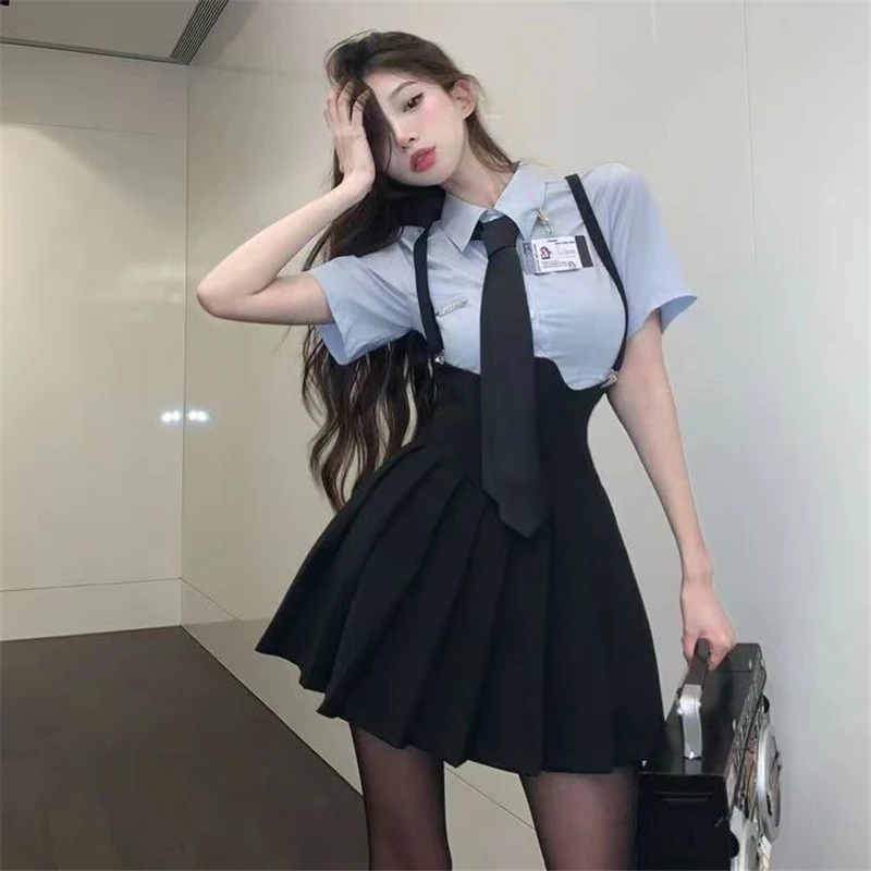 Estilo Americano Europeu Meninas Hotsweet Strap Vestido Preto Plissado Camisa Azul das Mulheres Verão Nova Academia Uniforme Set S-4XL