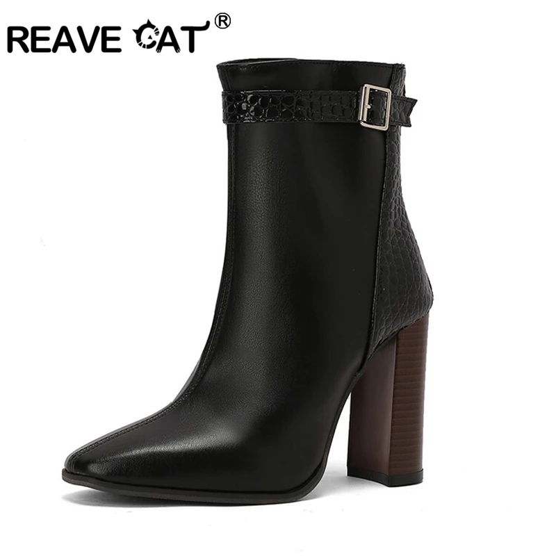 REAVE CAT Women Fashion Pointed Toe Ankle Boots 10cm Thick Heels Leather Buckle Big Size US16 45 47 49 50 White Party