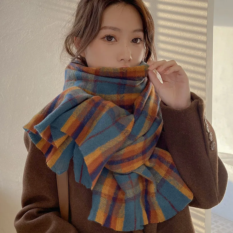 

Classic Thick Lattice Scarf for Women Fashion Casual Popular Cashmere Couple Plaid Scarves Rainbow Long Wraps Warm Shawl Scarves