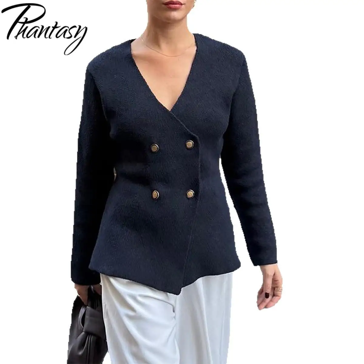Phantasy Autunno Nuovo Colore Solido Con Scollo A V Sottile Decorazione Dei Bottoni Maglione A Maniche Lunghe Semplice Maglione A Maniche Lunghe Abbigliamento da Donna