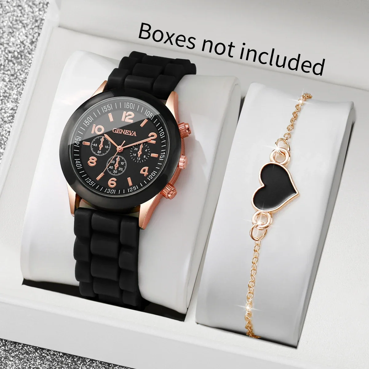 2PCS Fashion Women's Quartz Watch Set Black Silicone Band Sports Wristwatch With Heart Bracelet Relogio Feminino (Without Box)