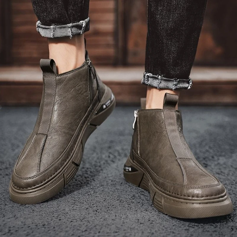 Men's Trendy High Top Work Boots Autumn Winter Vintage Thick Platform Sole Slip Proof Durable Fleece Lined Warm Chelsea Boots