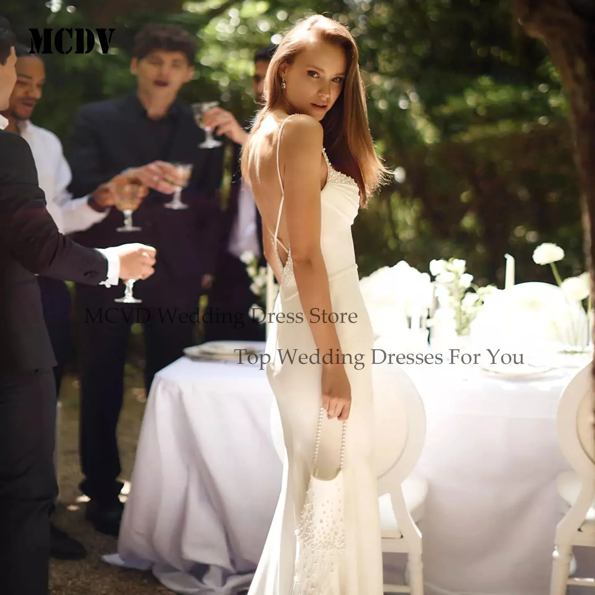 MCDV syrenka frezowanie suknie ślubne z odkrytymi plecami dla kobiet paski Spaghetti satynowe Vestidos De Novia eleganckie suknie panny młodej dostosowane