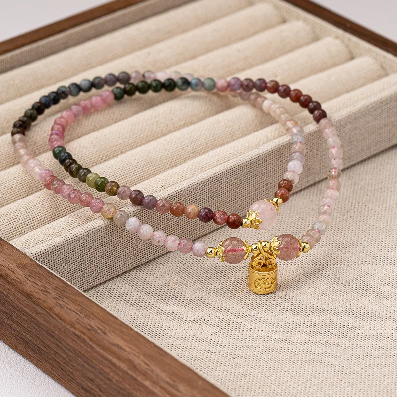 Colorful Tourmaline Bracelet for Women, Irregular High-end Niche Three-circle Rainbow Versatile Abacus Shape Pendant Bracelet