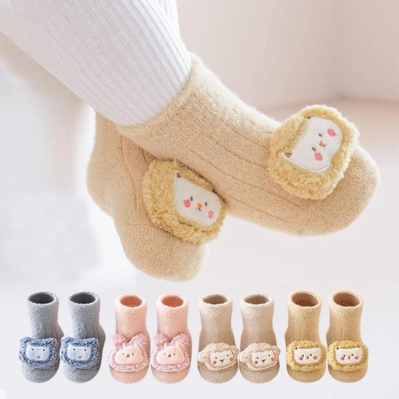 Toddlers Non-Slip Socks with Grips 3D Cartoon Warm Plush Floor Crawling Tube Stockings for Girls Boys