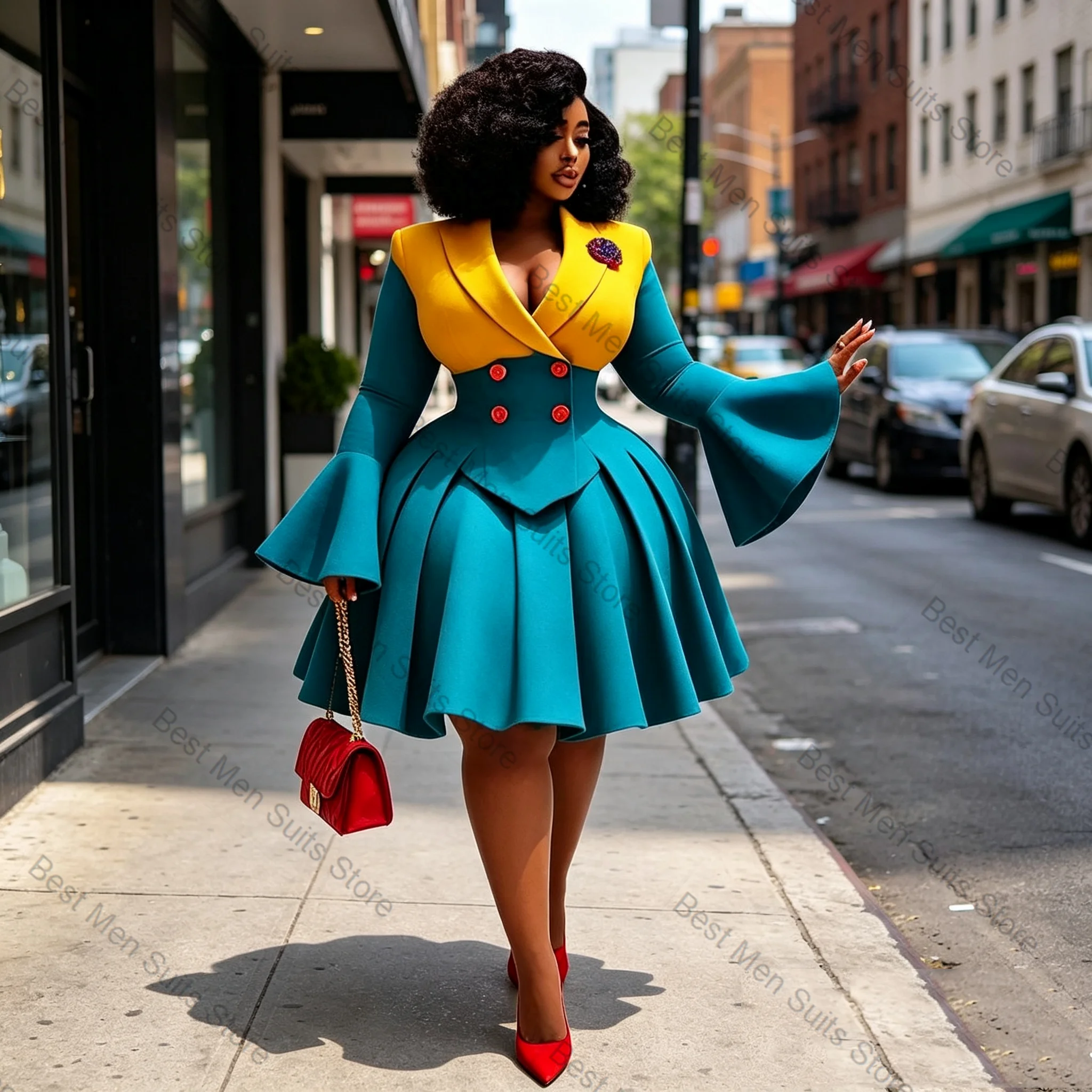 Yellow Blue Women Suit Skirt Set 2 Pcs Blazer Prom Dress Cotton Formal Office Lady Jacket Customized Wedding Tuxedo Guest Coat view 5