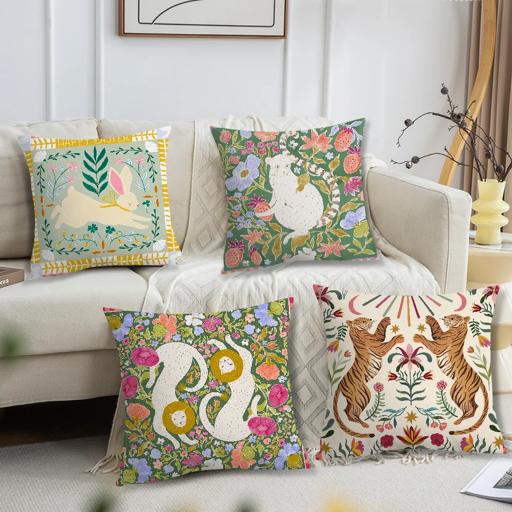Boho Folk Animal Floral Throw Pillow Cover Tiger Rabbit Cat Pattern Cushion Case Vintage Bohemian Decorative Pillowcase For Sofa