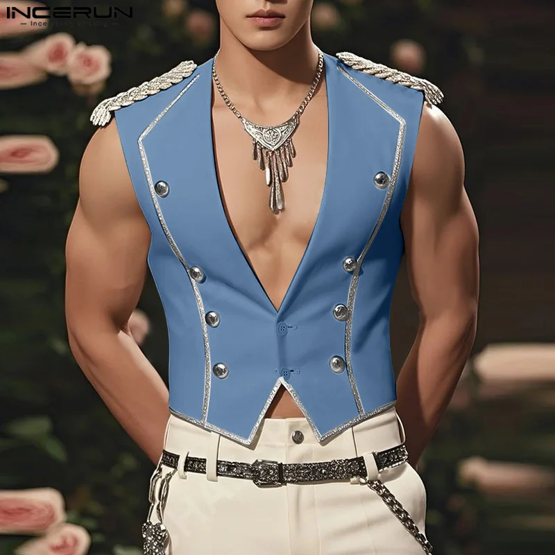 

INCERUN Men Vests Patchwork Shiny V Neck Sleeveless Button Casual Male Waistcoats Streetwear 2025 Fashion Leisure Vests S-5XL