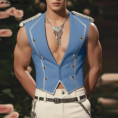 INCERUN, chalecos para hombre, retales brillantes con cuello en V, sin mangas, con botones, chalecos informales para hombre, ropa de calle, chalecos de ocio de moda 2025, S-5XL