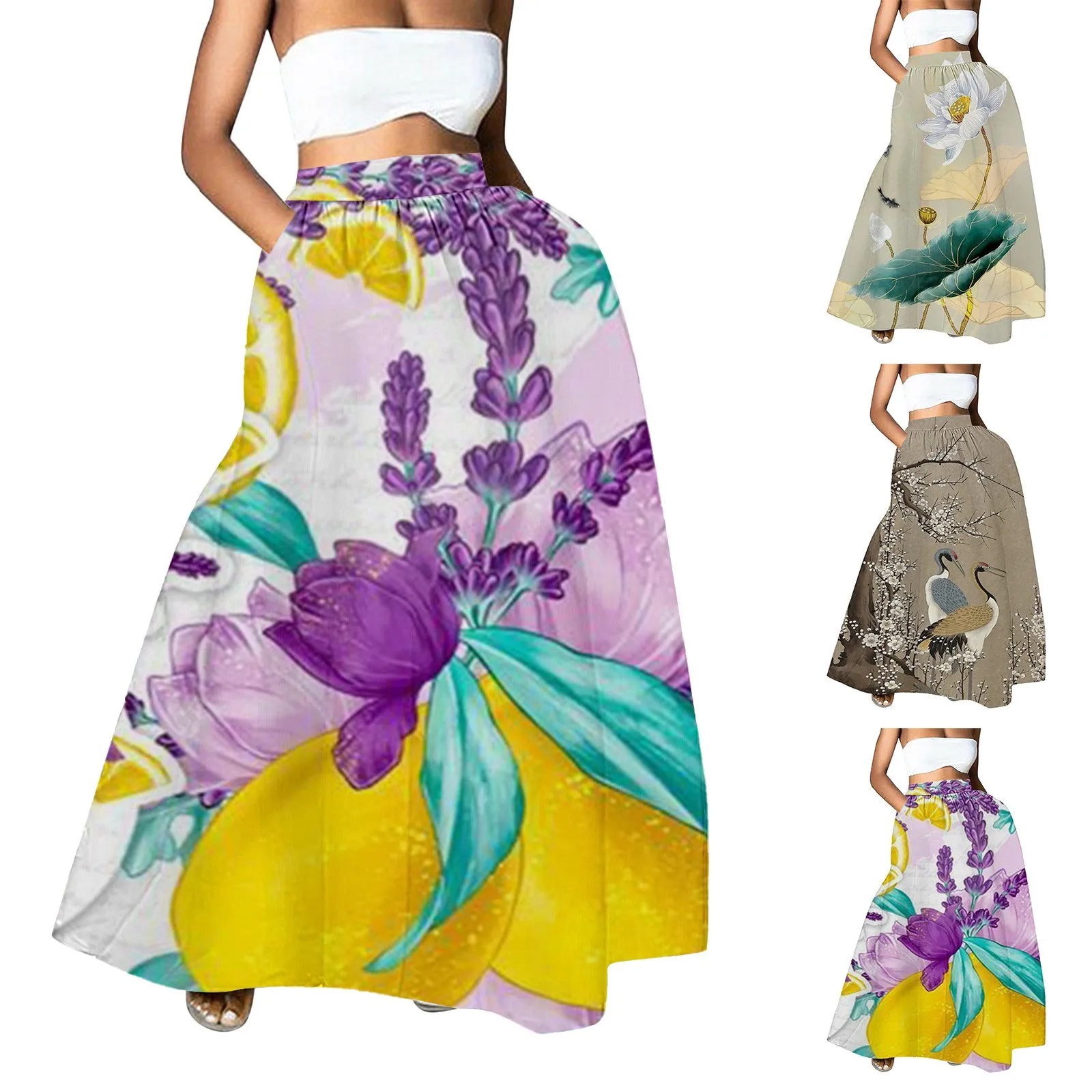 Women Floral Print Skirt High Waist Party Beach Rose Sequin Skirt Ruffle Table Skirt Ladies Plaid Skirt Vinyl Circle Skirt