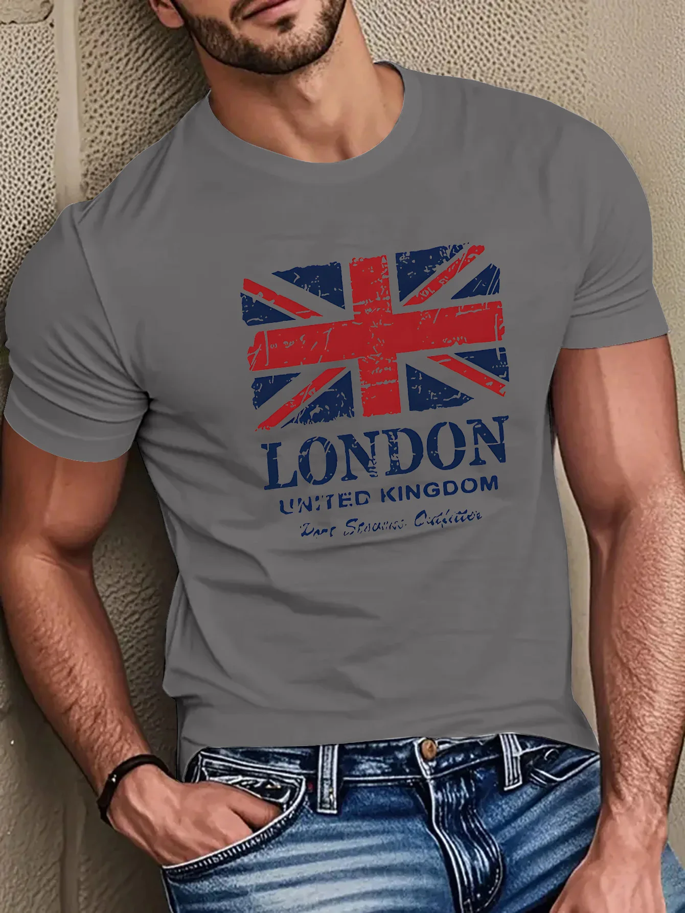 Men's 100% pure cotton British flag and London landmark print fashionable casual loose round neck short sleeved T-shirt top