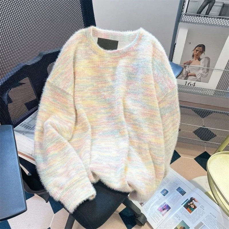 EBAIHUI Rainbow Striped Women's Sweater Long Sleeved Round Neck Autumn and Winter Woman's Tops Loose Pullover Knitted Sweaters