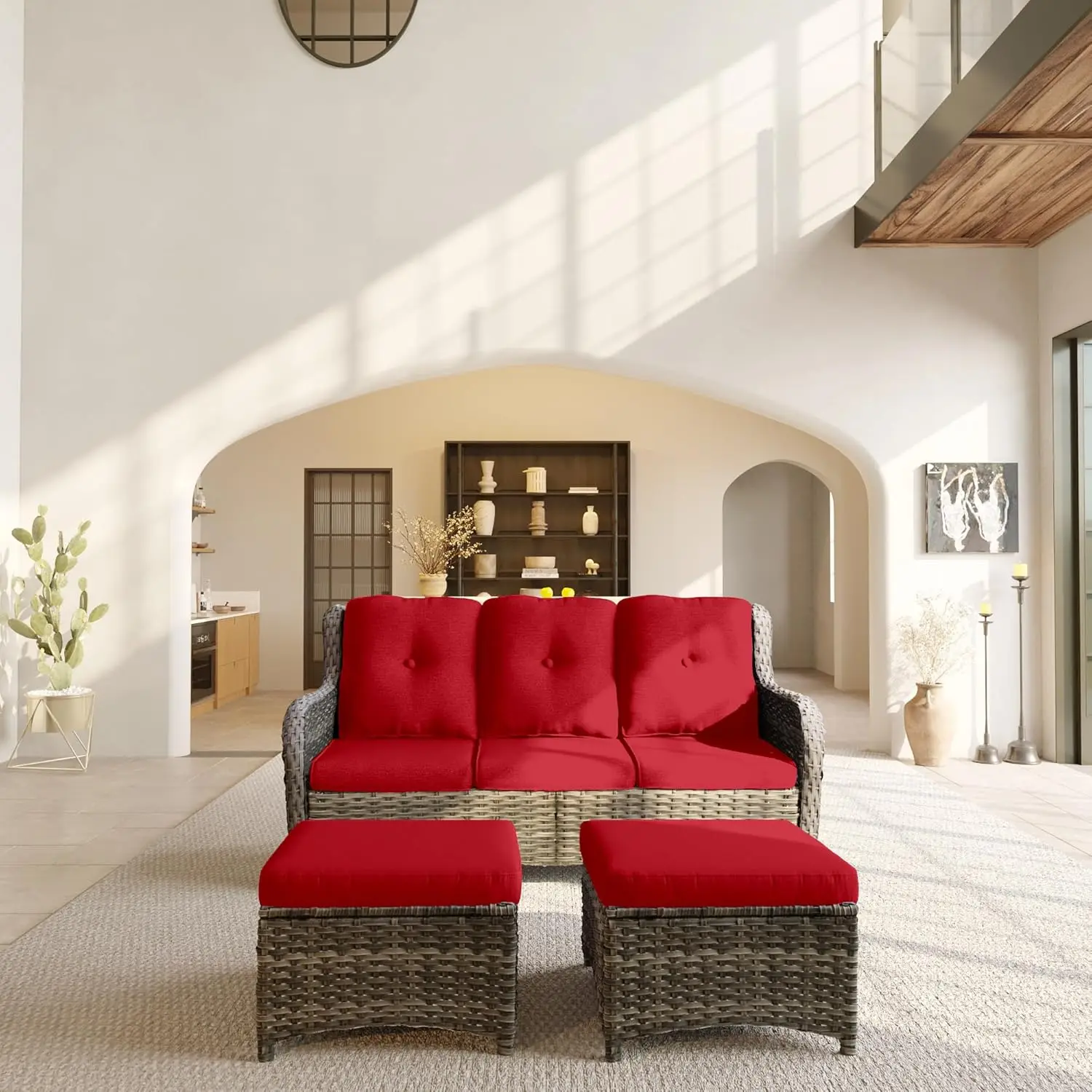 Patio Conversation Set - 3-Piece Wicker Patio Set, A 3-Seat Sofa and 2 Ottomans, Outdoor Wicker Patio Furniture, Cushions