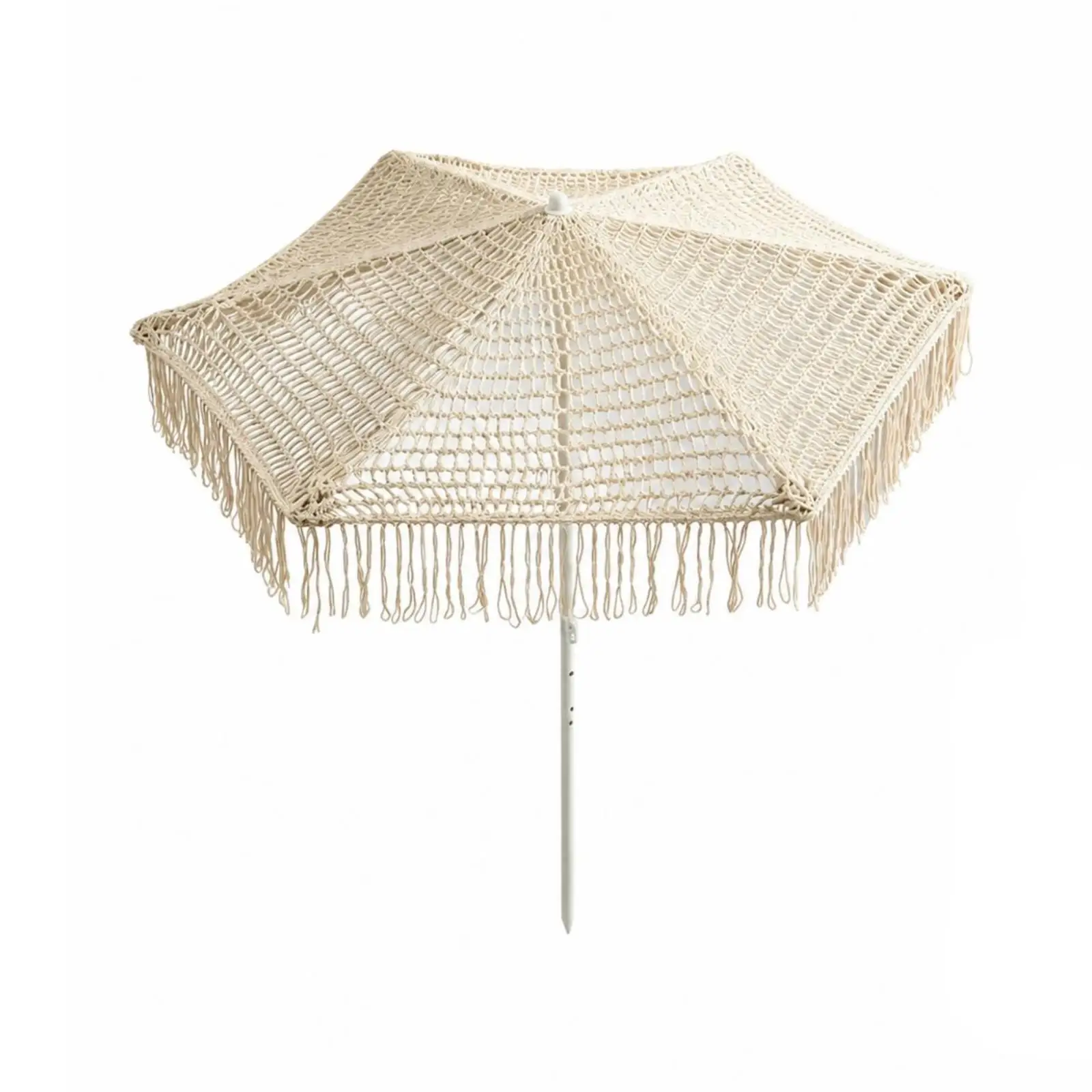 Handwoven Outdoor Parasol Beige Fringe Canopy Steel Frame Garden Shade Umbrella for Patio