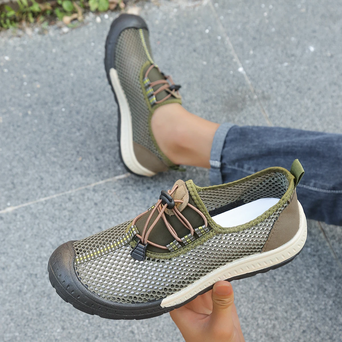 Men's Hollow Mesh Quick Toggle Lace Walking Trainers, Striped Stitching Trim, Wrapped Thick Rubber Toe Cap Outdoor Casual Shoes