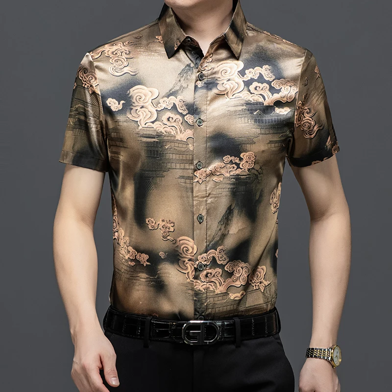 Mens  Summer Floral Print Camisas De Hombre Quality Mulberry Silk Blend Shirt Male Short Sleeved Silk Printing Clothes