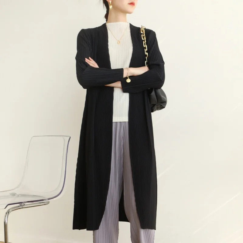 Boutique MIYAKE Autumn Spring High end Pleated Thick Fabric Temperament Commuting Elegant Long Trench Lace Up Coat [8090]