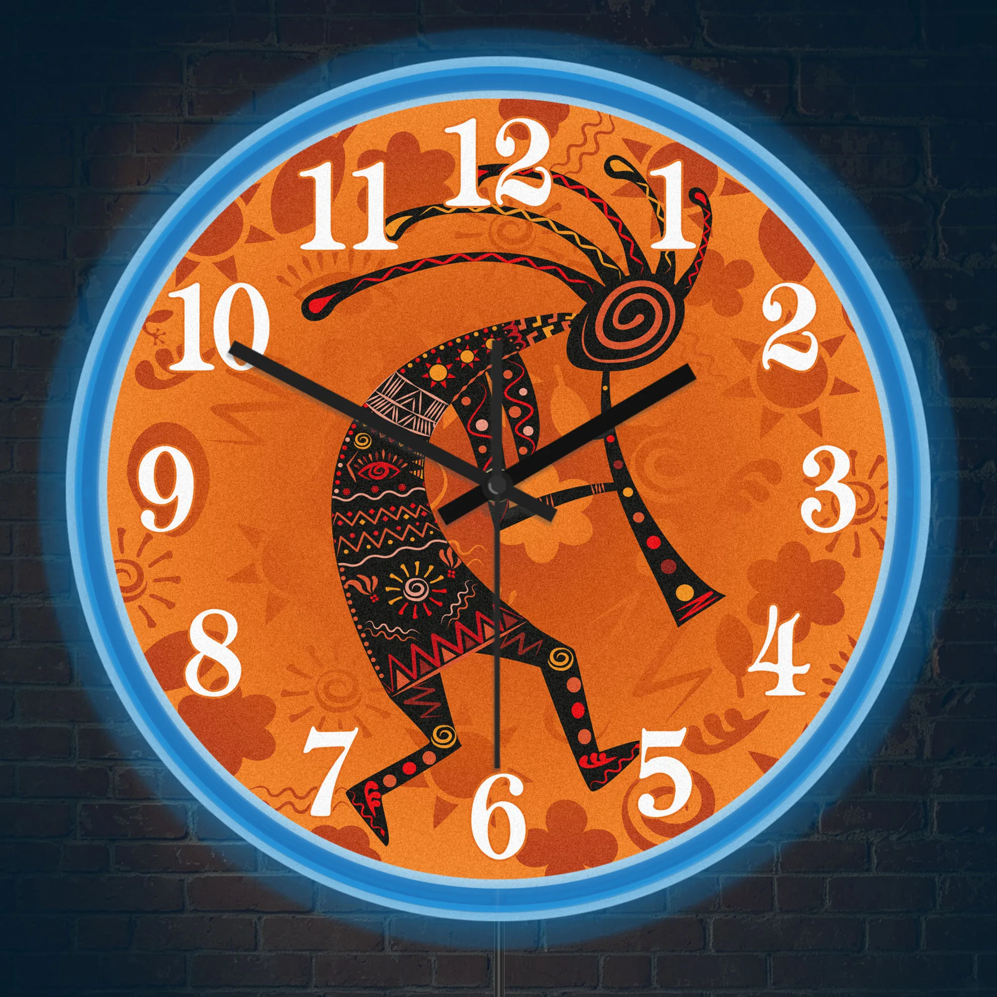 Southwestern Tribal Kokopelli Silent Neon Wall Clock Ethnic Native Home Decor Tribal Flute Dancer LED Night Light Wall Clock