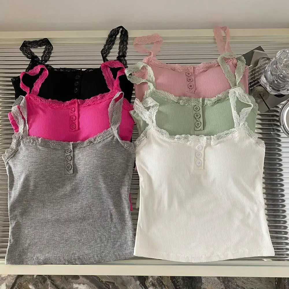 สุภาพสตรีเสื้อผ้าเสื้อสายรัดเสื้อกั๊ก Strappy Tops Sexys Camisole ปุ่ม Slim แฟชั่นลูกไม้คอธรรมดา Crop Tops ฤดูร้อน 2025