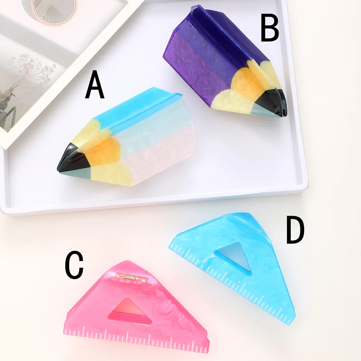 DuoShang Creative Pencil Triangle Ruler Hair Claw Acrylic Claw Clips Stationery Series Crab Hair Clip for Women Hair Accessories