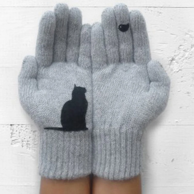 Guantes con funda de Animal para exteriores, guantes de punto de lana estampados, antifrío, cálido, gato, pájaro, Otoño e Invierno