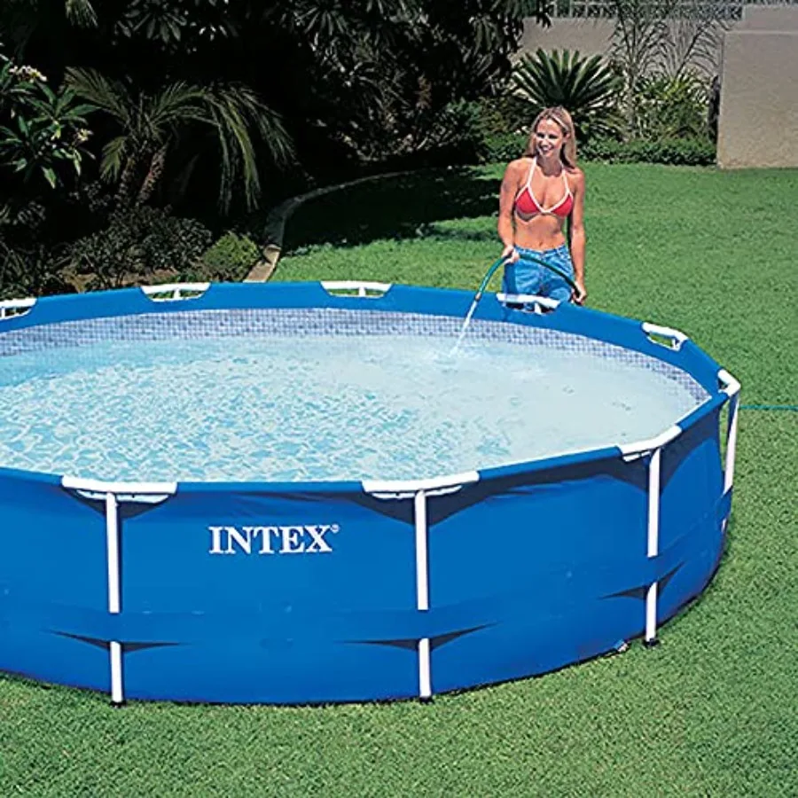 Above ground pool for 6 people with metal frame, blue color, durable construction, includes filter pump, Type A cartridge, and