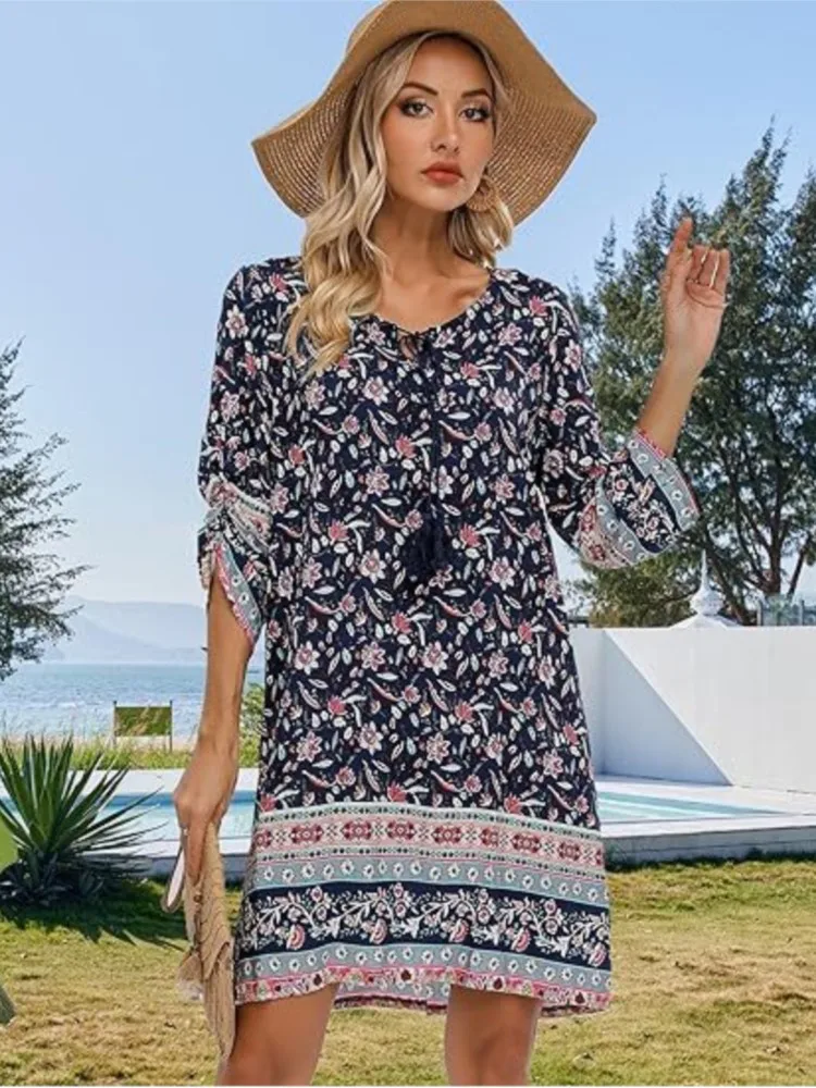 

Summer Vintage Printed Mini Dress Women's Casual With Hem Split V Neck 3/4 Sleeve Loose Dresses Robe Vacation Beach Sundress