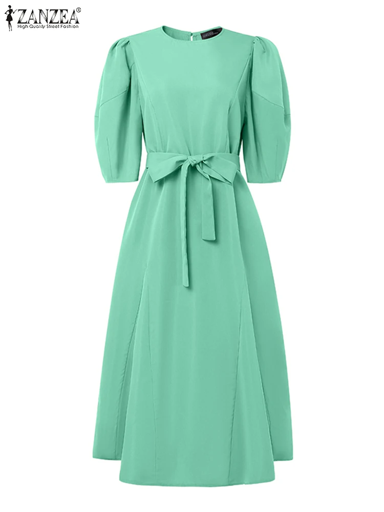 ZANZEA 2025 Frauen Lange Hemd Rüschen Kleid Mode Lässig Solide Elegante Büro Party Vestidos Belted Puff Sleeve Straße Midi Robe
