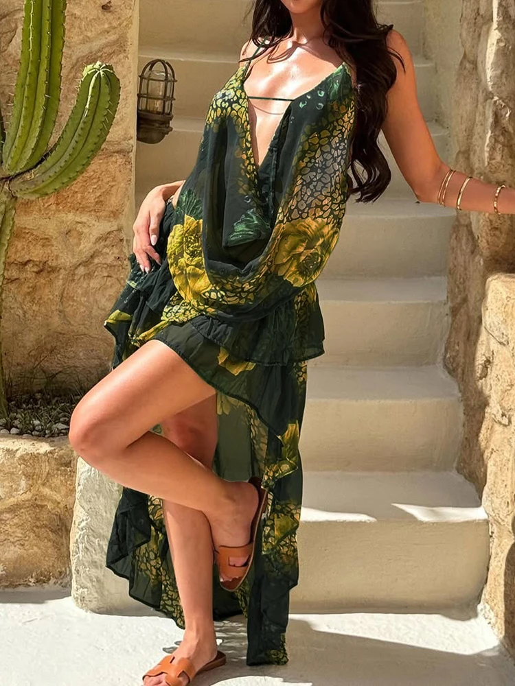 Cutenew Sexy Vintage Stampato Abiti da donna Moda Estate Cinghia per spaghetti Altalena Collo Backless Ruffle Abiti Clubwear femminile