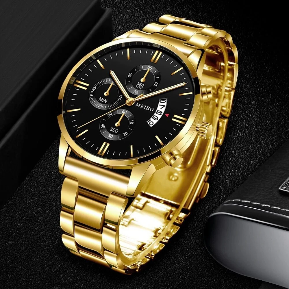 3pcs/set Men\'s Business Style Quartz Watch Set Fashion Casual Round Dial Calendar Watch (Box not included) Gift for men