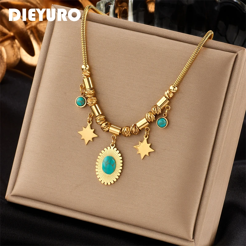 DIEYURO 316L Stainless Steel Oval Green Stone Star Pendant Necklace For Women Vintage Gold Color Chain Girls Party Jewelry Gift