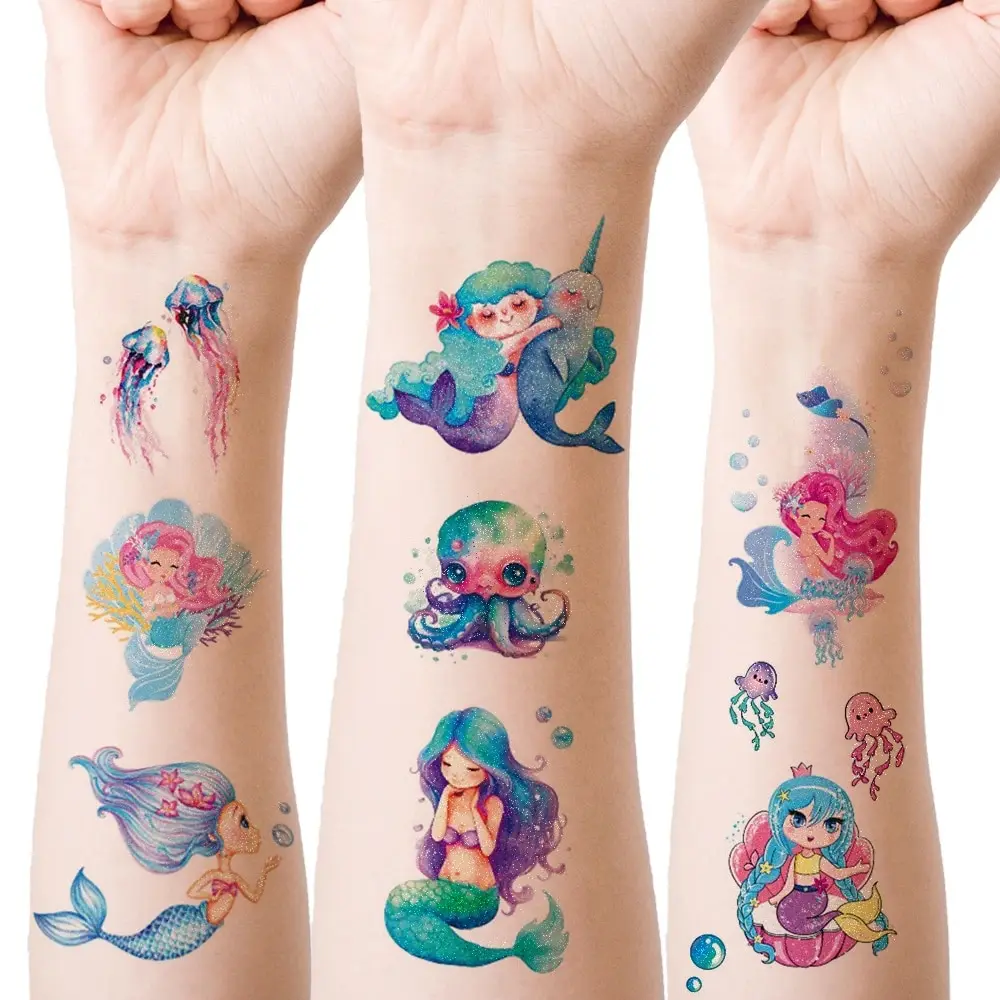 12pcs Glitter Mermaid Unicorn Waterproof Temporary Tattoo Sticker Cartoon Rainbow Flash Tatto For Kids Arm Body Art Fake Tattoos