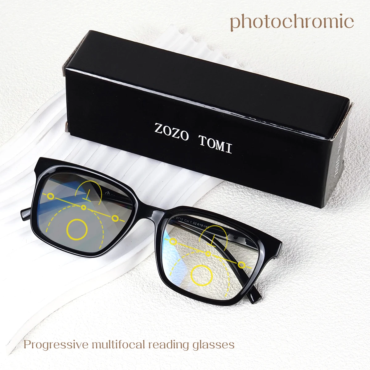 Progressive multifokale Lesebrille, photochrom, klare Sicht, quadratischer Rahmen, leicht zu tragen, stilvolles Erscheinungsbild, geeignet für Männer und Frauen.