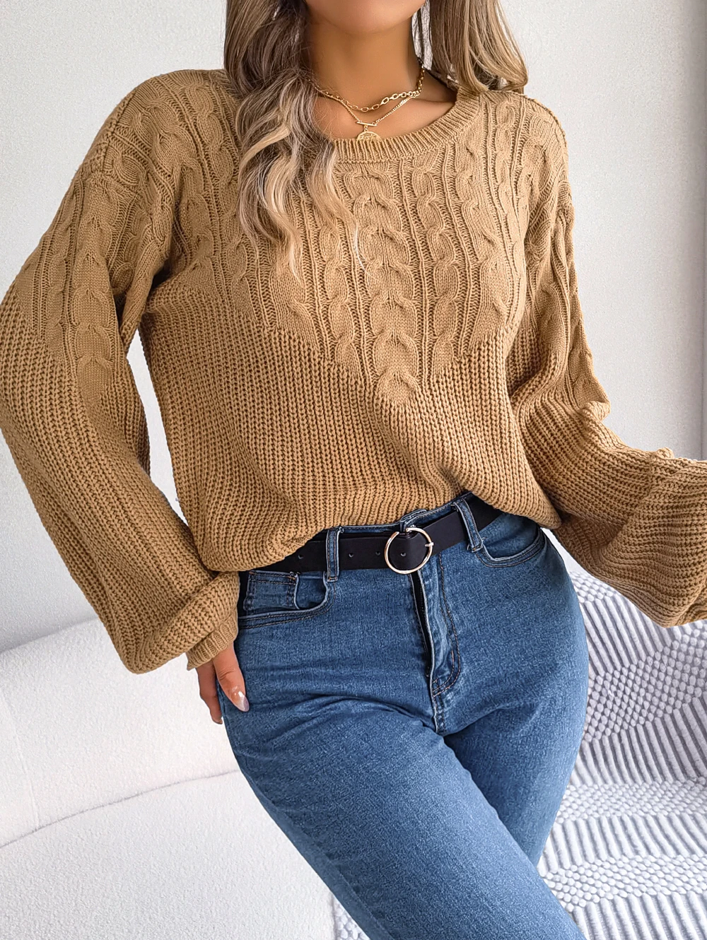 Autumn Winter Clothing For Women Casual Lantern Long Sleeve Knitted Sweater Pullovers White Khaki Blue