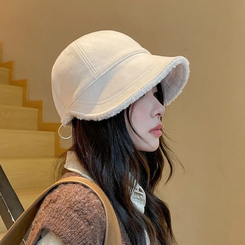Women Korean Style Fleece Lined Earflap Bucket Hat Autumn Winter All Match Warm Peaked Riding Cap