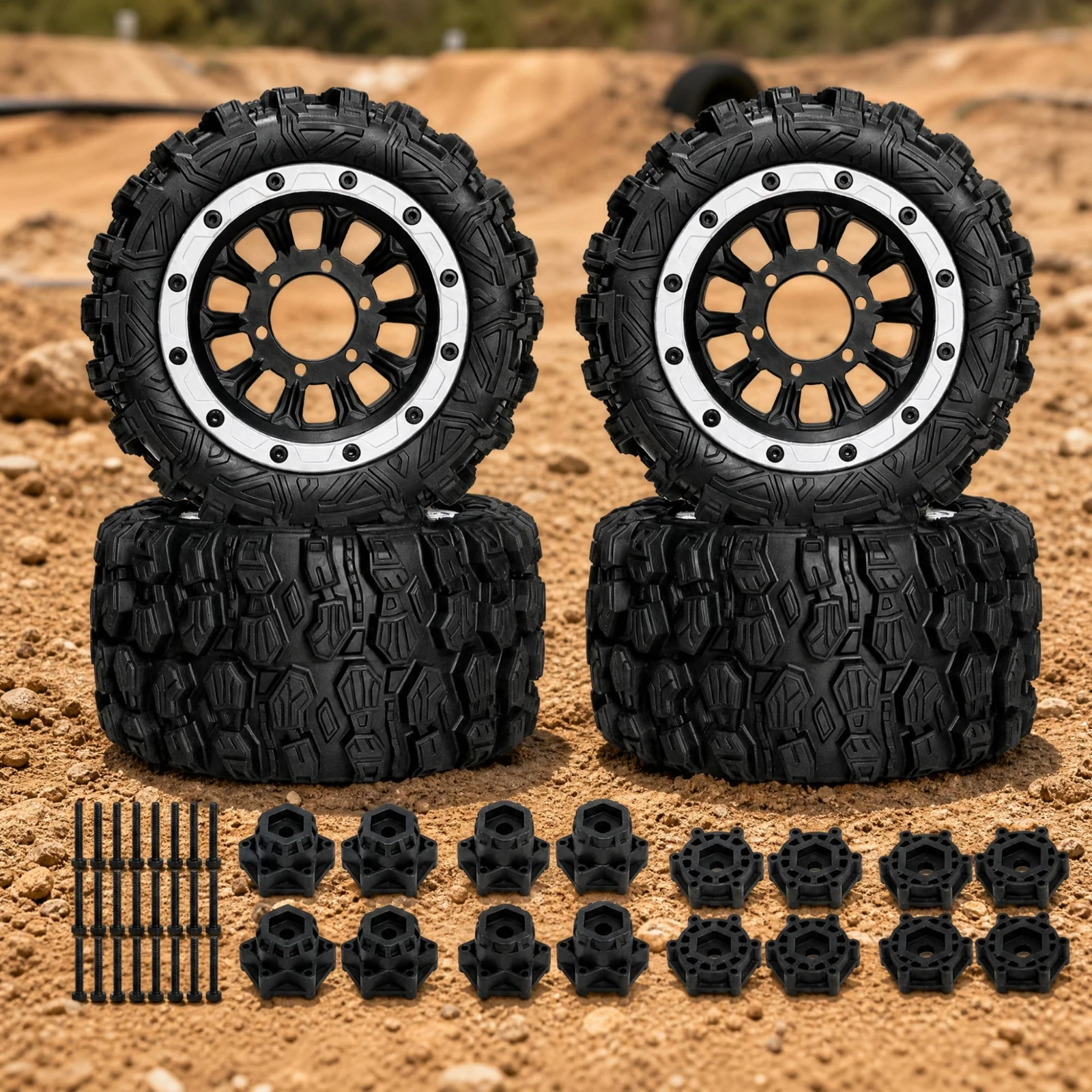 2 Pieces 1/10 Scale RC All-Terrain Tire Easy to Install Lugged RC Crawler Tire with Hex Adapters Wear-Resistant Upgrade