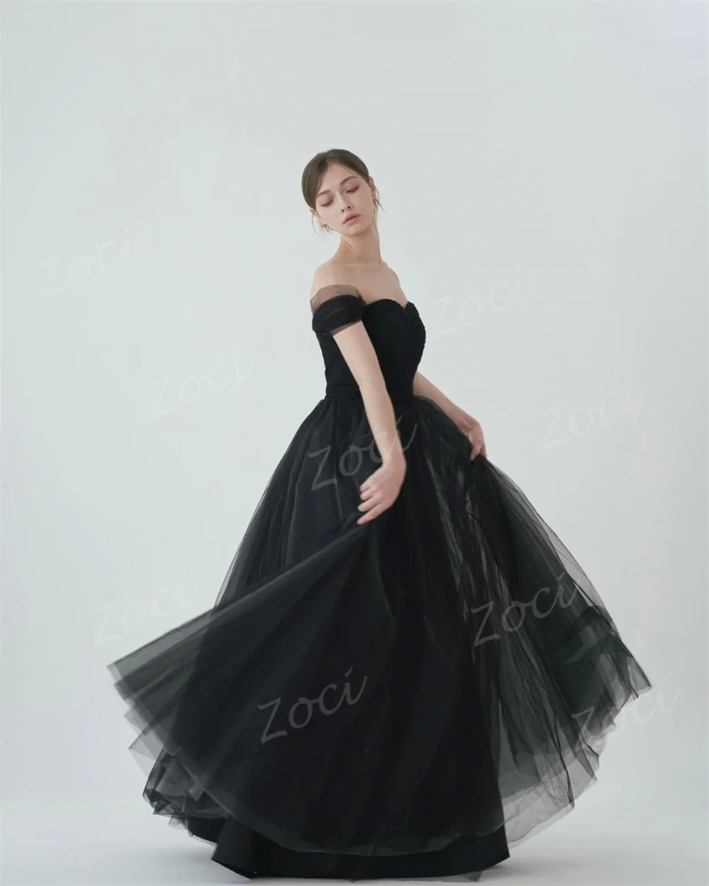 Zoci-vestidos de fiesta de boda de Corea, sencillos, sin tirantes, negros, personalizados, con hombros descubiertos, línea A, vestido de noche de tul, vestido de fiesta para ocasión