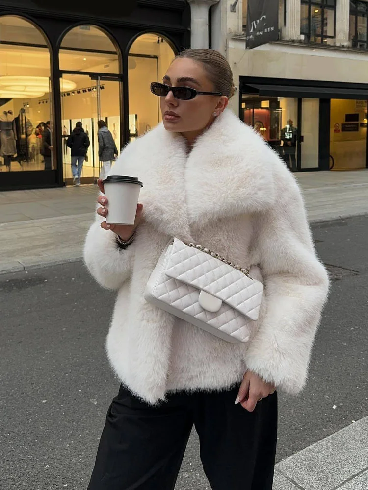 HH Winter Warm Thickened Women\'s Faux Fur Jacket Fashion V-Neck Long Sleeve Casual Short Jacket Women\'s Short Top Y2K