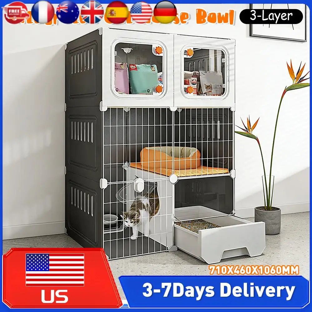 

DIYMetal Wire Cat Kennel Integrated Cat House Indoor Catio with Hammock Cat Bed Litter Box Cat Crate Cat Villa Scratcher for Cat