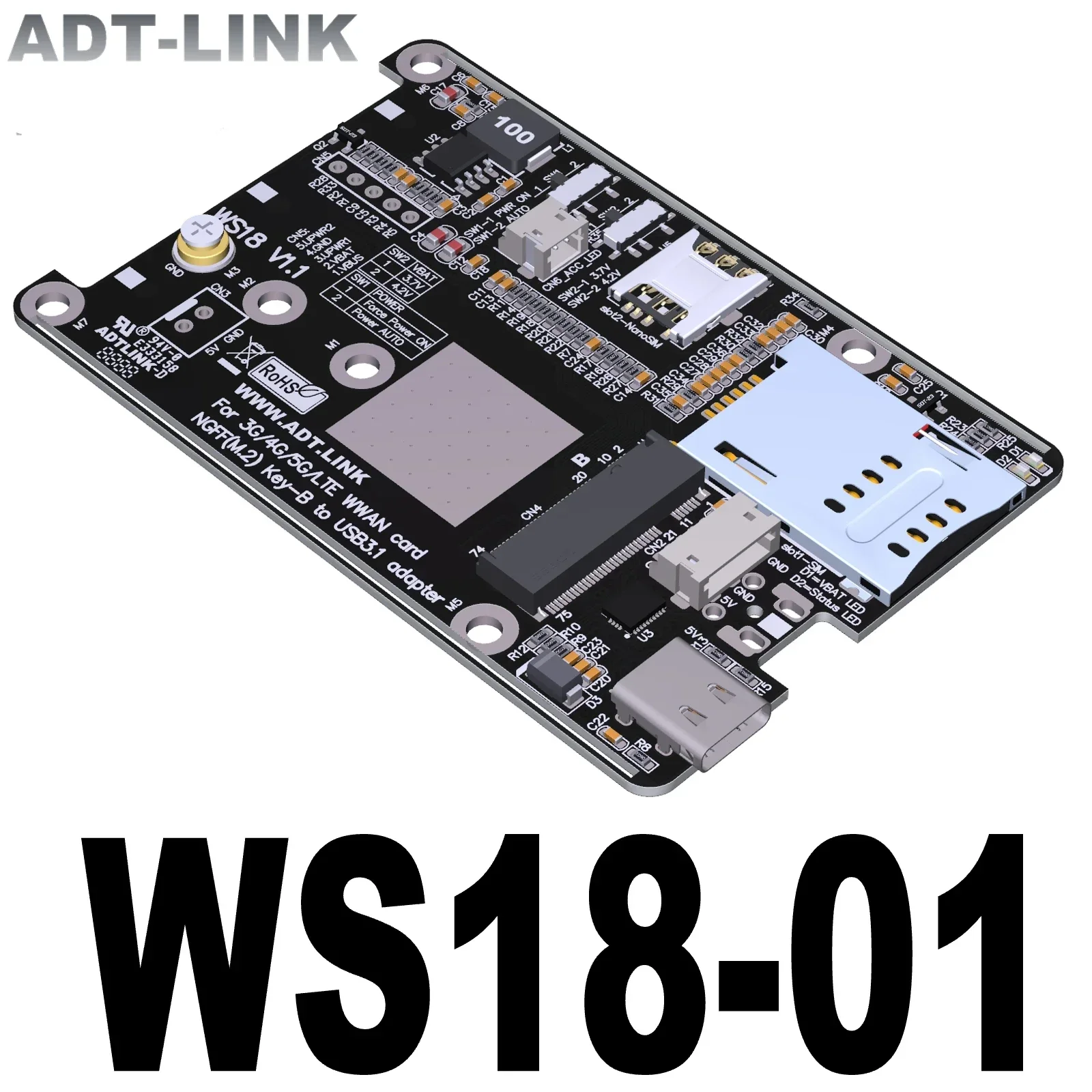 ADT-Link M.2 B-key WWAN LTE Module 3G 4G 5G Card Slot To USB 3.1 Type-C Gen2x1 Adapter Board Support Standard-SIM 2230/3042/3052