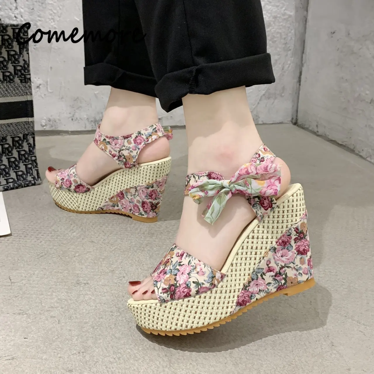 Comemore Summer Slope Heel Printing Fish Mouth Women's Sandals Beach Vacation Pumps  Party Bow Lace Up StrapThick Soled Shoes
