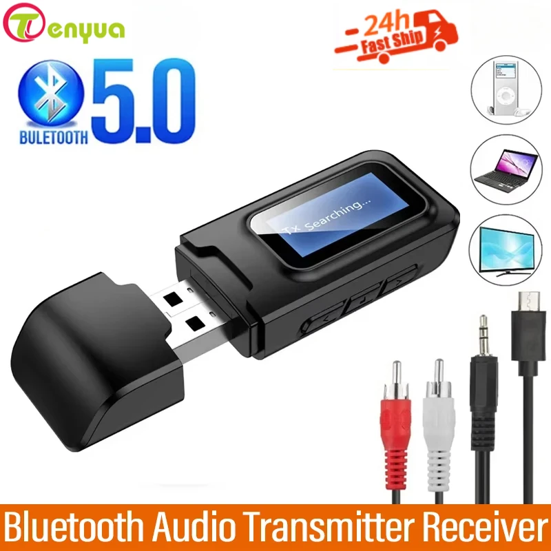 USB Bluetooth 5.0 オーディオトランスミッタレシーバ LCD ディスプレイ 3.5 ミリメートル AUX RCA ステレオワイヤレスアダプタドングル PC TV 車のヘッドフォン