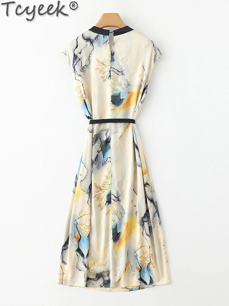 

Tcyeek 91% Mulberry Silk New Dresses for Women Clothes Print Spring Summer Midi Dress 2024 Waist Lace-up Elegant Women's Dress
