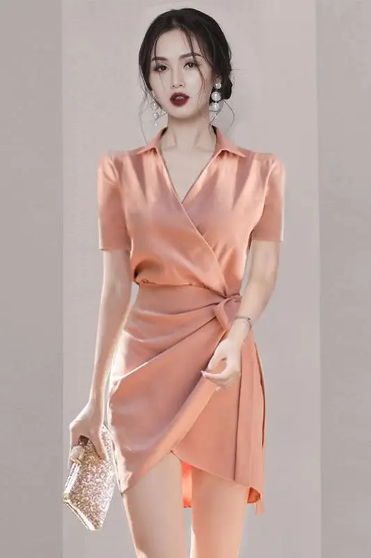 2024 Summer V Neck Shirt Dress for Women Elegant Slim Fit Tie Waist Short Sleeve Office Lady Style Fashionable OL Outfit Trendy