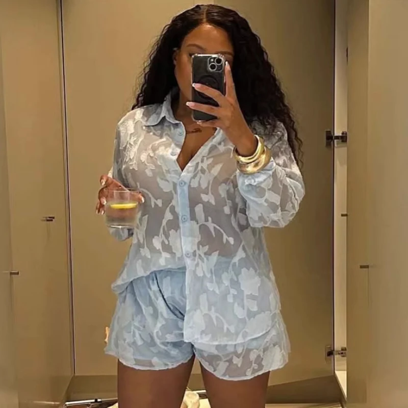 New African Fashion Causal Summer Women Two Piece Set Loose Full Sleeve Jacquard See Through shirt And Shorts Set Outfits