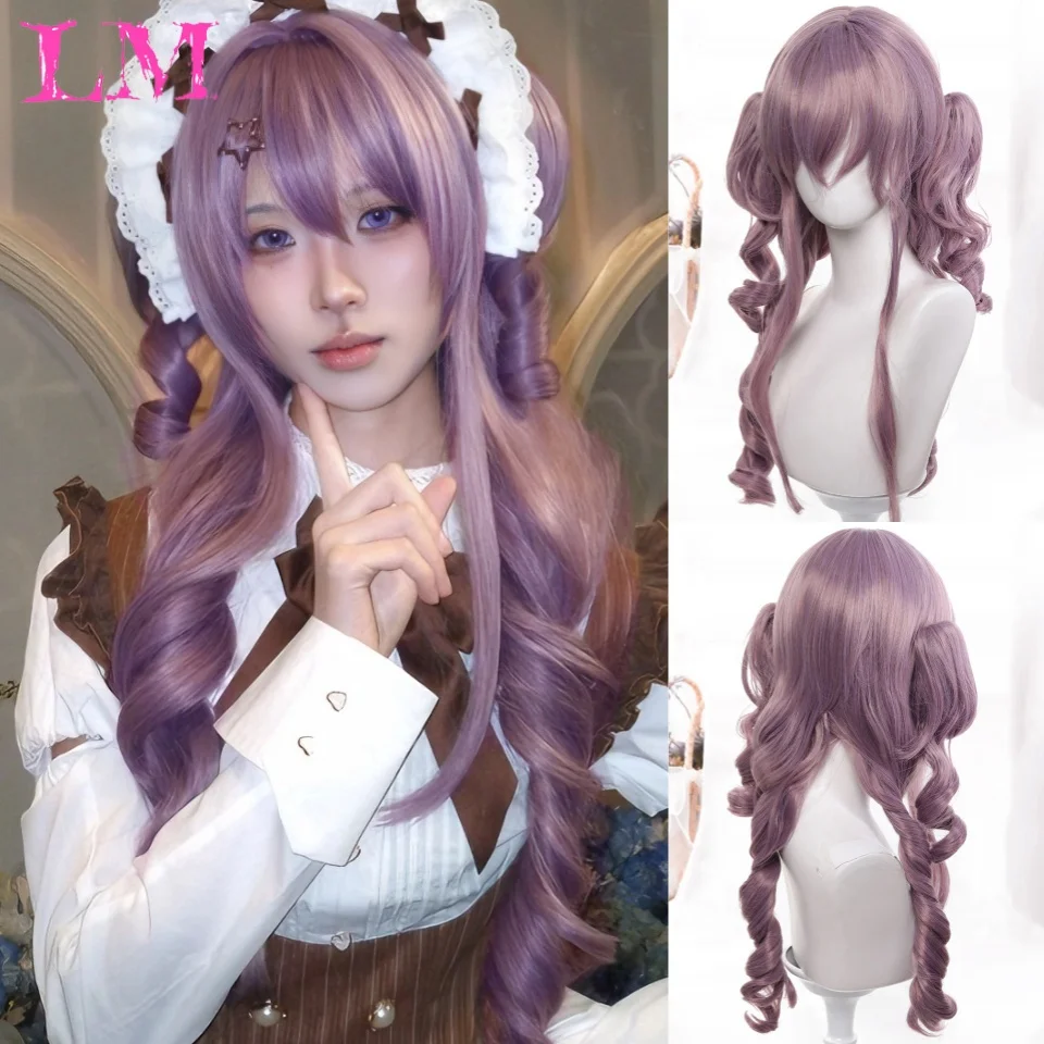 LM Synthetic Wig Roman Curls Double Ponytail Lolita Wig with Bangs Pastel Lavender Purple Anime Wig for Party Cosplay For Women