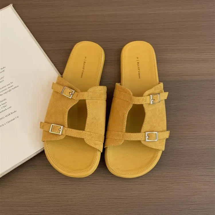 

Elegant Solid Color Women Slippers Fashion Double Buckle Design Flat Shoes Ladies Casual Outdoor Beach Sandals