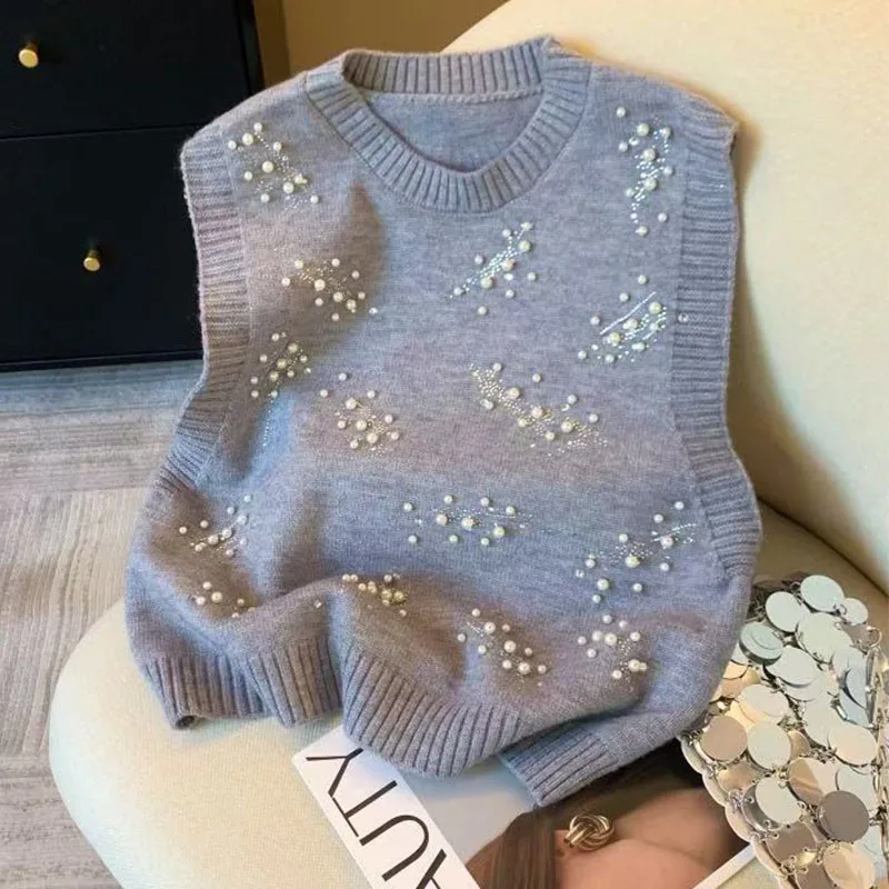 Primavera e outono novo design sentido indústria pesada frisado colete de malha colete feminino jaqueta